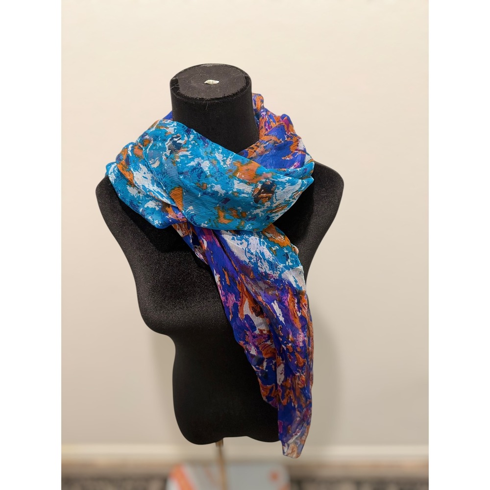 Saks Fifth Avenue 100% Silk Scarf Abstract Painterly Print Blue Orange Purple OS